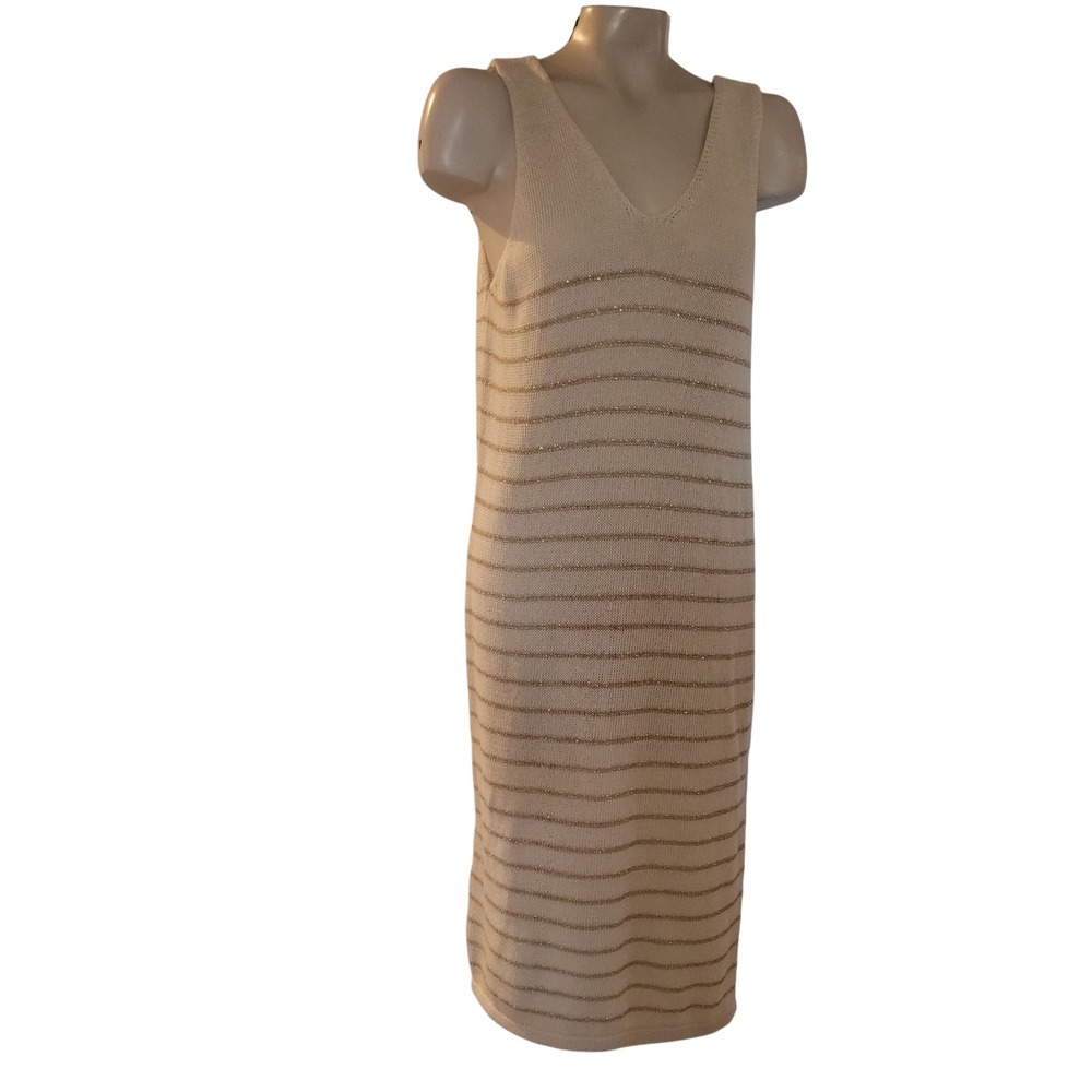 Floris Knit Midi Dress Cream Gold Stripe V Neck Sleeveless Made in Italy M L‎